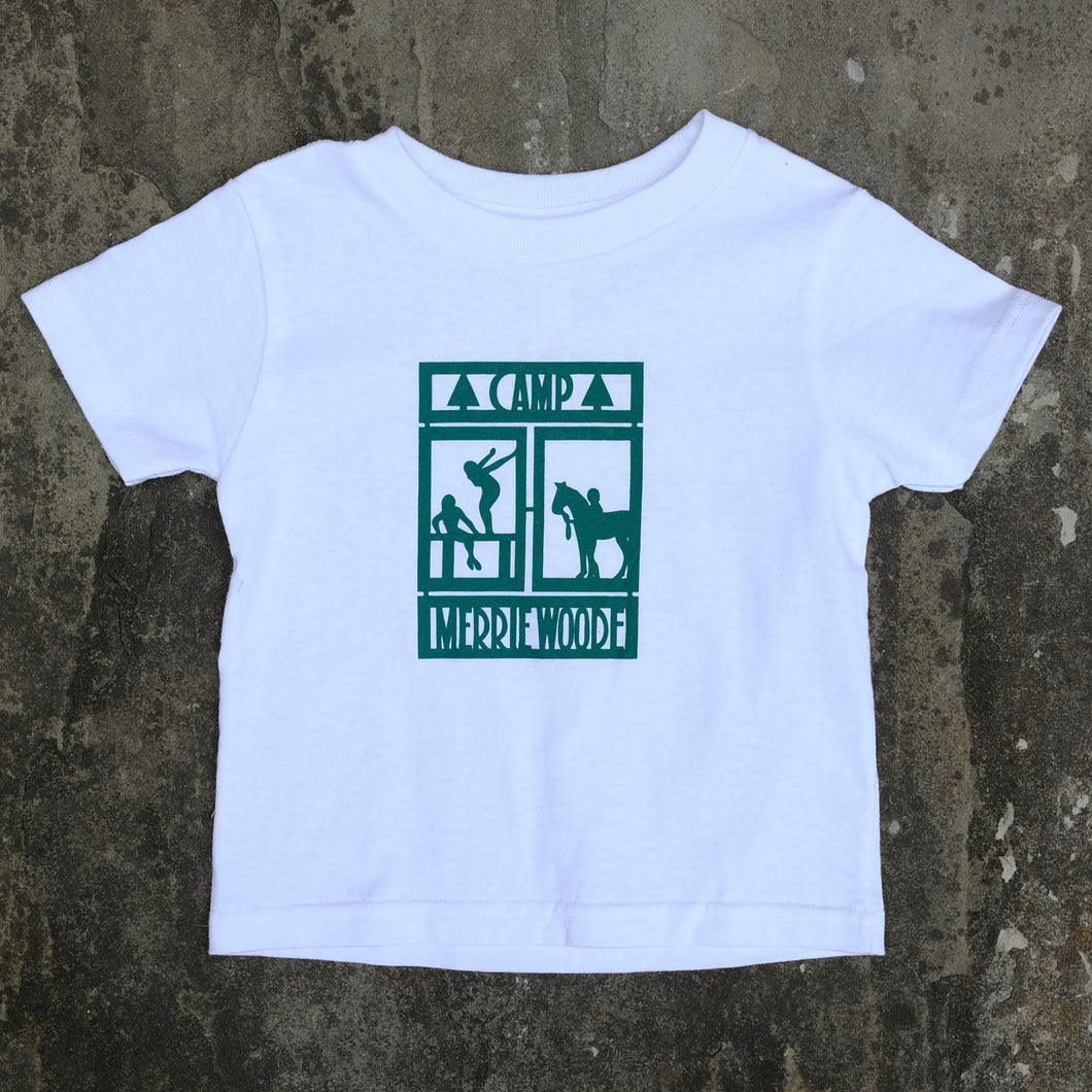 White, baby tshirt that has the Merrie-Woode rectangle logo on the front, which shows a horse, its rider, and two girls on a dock. 