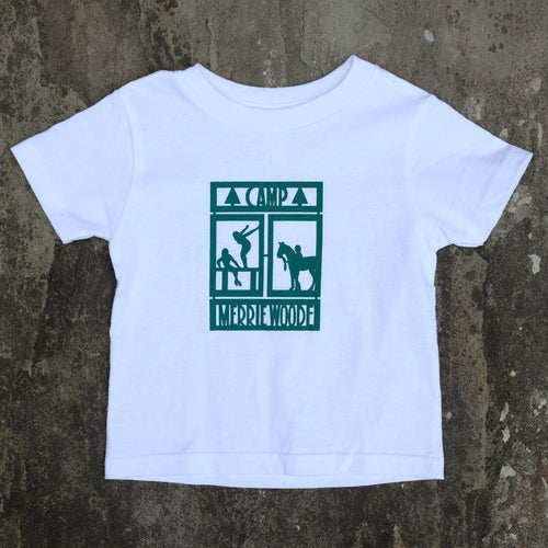 White, baby tshirt that has the Merrie-Woode rectangle logo on the front, which shows a horse, its rider, and two girls on a dock. 