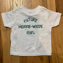 Load image into Gallery viewer, Back of a white baby tee that says &quot;Future Merrie-Woode Girl&quot; in dark green coloring in the center.

