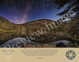 Camp Merrie-Woode Centennial poster showing a starry night time-lapse, the Old Bald Mountain, and the front line of cabins on a lake. 